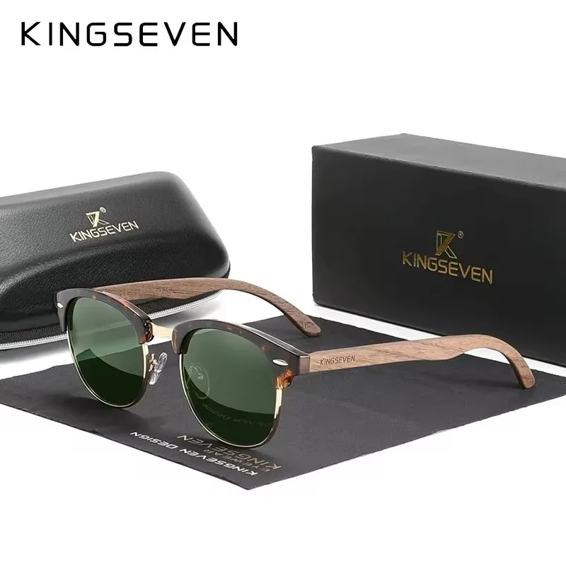 KINGSEVEN Neue Walnuss Holz Sonnenbrille Für Männer Polarisierte Halbrand Brille UV400 Augenschutz Retro Brillen Frauen Zubehör Image