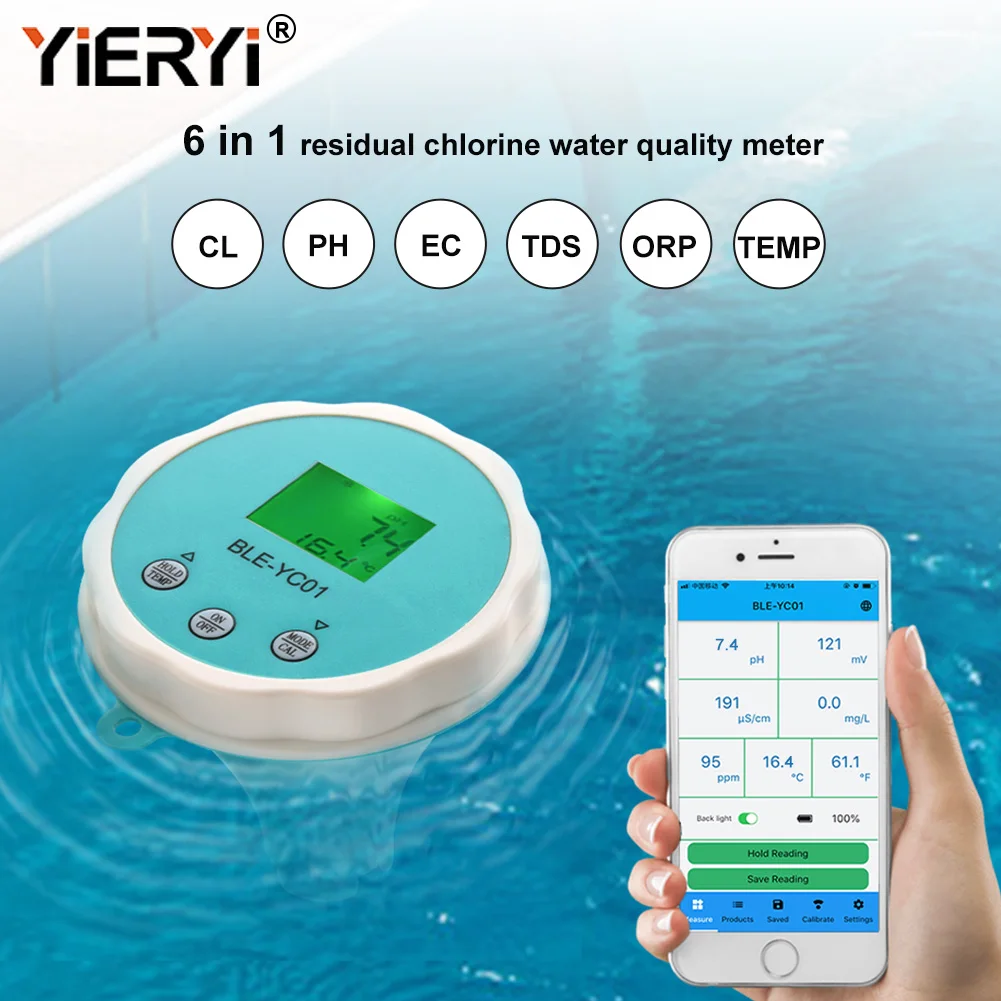Yieryi Neue Blutooth Chlor Meter für Chlorierte Aquarium Pool Aquarium Wasser Professionelle PH ORP EC TDS CL Schwimm Monitor Image
