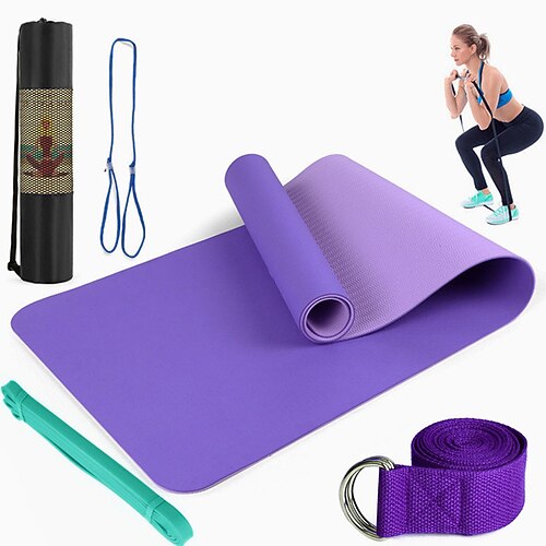 TPE 6 mm Zweifarbige Yogamatte Set aus fünf Teilen für Sport Fitness Stretching Latex 2080 Widerstandsband kommt mit Rucksackgurt Weihnachtsgeschenk