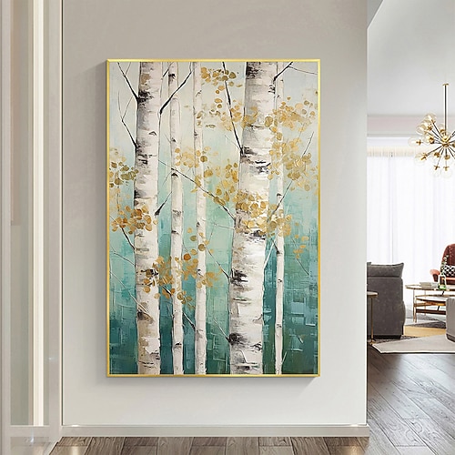 Wald-Ölgemälde auf Leinwand, handgemaltes abstraktes grünes Landschaftsgemälde für Wohnzimmer, Wanddekoration, Birkenwald-Gemälde, moderne Wandkunst, Landschafts-Ölgemälde Image