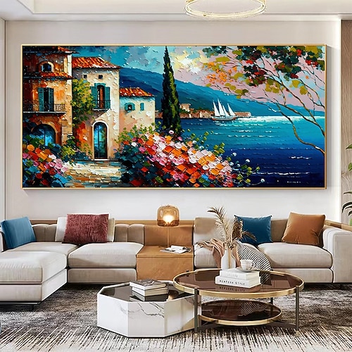 handgemaltes mediterranes Landschaftsölgemälde auf Leinwand, impressionistisches Mittelmeergemälde, Leinwandkunst, strukturiertes Küstengemälde, Wandkunstgemälde für Schlafzimmer, Wohnzimmer, Image
