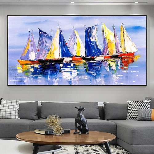Mintura handgefertigte Bootslandschafts-Ölgemälde auf Leinwand, Wandkunst, Dekoration, moderne abstrakte Schiffsbilder für Heimdekoration, gerolltes, rahmenloses, ungedehntes Gemälde Image
