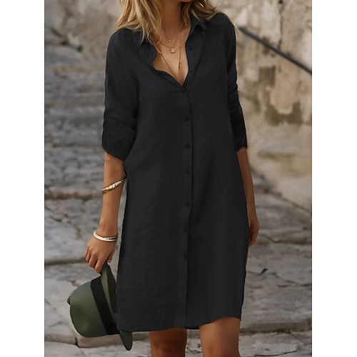 Damen Minikleid Baumwoll Mischung Hemdblusenkleid Weißes Baumwollkleid Figurbetontes Kleid Urlaub Basic Modern Täglich Wochenende Lässiger Schnitt Einfach Dreiviertelarm Hemdkragen Blau Schwarz Wei Image