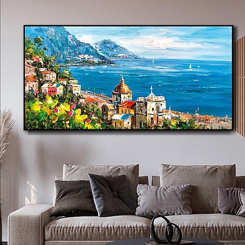 Großes mediterranes Landschaftsölgemälde auf Leinwand, handgemaltes impressionistisches Mittelmeer-Kunstgemälde, strukturiertes Küsten-Mittelmeer-Ölgemälde, Wandkunst für Wohnzimmer-Wanddekoration Image