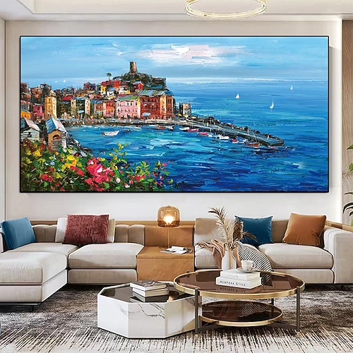 Großes mediterranes Landschaftsölgemälde auf Leinwand, handgemaltes impressionistisches Mittelmeer-Kunstgemälde, strukturiertes Küsten-Mittelmeer-Ölgemälde, Wandkunst für Wohnzimmer-Wanddekoration Image