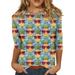 Huresd Women Summer Outfits Tops 2024 Comfy Shirt Shell Print Crewneck Three Quarter Sleeve Top Shirt Loose Women Blouse Turquoise 3XL