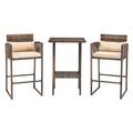 IVV 3-Piece Patio Bar Table Set Outdoor Wicker Counter Height Bistro Furniture for Backyard Poolside Balcony w/Barstools Cushions Steel Frame 2-Tier Storage Bar Table â€“ Brown/Beige