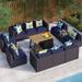 8 Pieces Patio Furniture Set with 45 Plate Embossing Propane Fire Table Outdoor PE Rattan Sectional Sofa Set Patio Gas Fire Pit Conversation Set with Blue Cushions & Glass Table