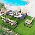 Patio Dining Set for 4 Outdoor Furniture Square Bistro Table with 1.57 Umbrella Hole 4 Spring Motion Chairs with Cushion Beige for Backyard Garden Lawn