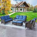 Outdoor Patio Wicker Furniture Set - 5 Piece Patio Rattan Sectional Sofa Set with 3-Seat Couch 2 Armchairs 2 Ottoman Footrests for Patio Conversation(5PC Mixed Grey/Blue)