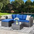 Outdoor Furniture Patio Sets Low Back All-Weather Small Rattan Sectional Sofa with Tea Table&Washable Couch Cushions Upgrade Wicker Silver Gray Rattan 3-Piece (Aegean Blue)