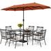 durable VILLA 5 Piece Outdoor Dining Set with 10ft Umbrella 37 Square Metal Dining Table & 4 Cushioned Metal Chairs & 3-Tier Beige Umbrella for Patio Deck Yard Porch