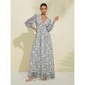 Women's Bridal Shower Dress Summer Dress Print Dress Long Dress Maxi Dress Blue Long Sleeve Curve Floral Botanical Tropical Flowers Floral Style Print Spring Summer V Neck Beach Vacation S M L