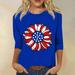 4th of July Womens 3/4 Sleeve Tshirts Clearance Patriotic Independence Day Print Elegant Tops for Women Summer Elbow Compression Shirts Women Casual USA Crew Neck Womens Blouses Dressy Dark Blue 5XL