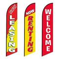 3 (Three) Tall Windless Feather Flags Of Now Leasing Now Renting And Welcome Red For Real Estate Business Advertising Flags (Pack Of 3 Replacement Flags )