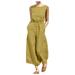 Qcmgmg Sexy Jumpsuit for Women Party Club Night Cotton Linen Pockets Bib Pants Lounge Casual Sleeveless Women s Overalls Wide Leg Palazzo Womens Rompers Yellow S
