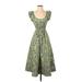 Tory Burch Casual Dress - Midi Scoop Neck Short sleeves: Green Floral Dresses - Women's Size 2