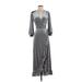 MISA Los Angeles Casual Dress - Midi Plunge 3/4 sleeves: Silver Print Dresses - Women's Size X-Small