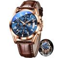 OLEVS Men's Chronograph Quartz Watches, Leather Strap Gold Case with Day Date, Stainless Steel Luxury Waterproof Wrist Watch, Luminous Hand Analog Watches for Men, Brown/Black/Blue/White Dial,