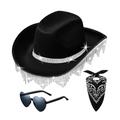 F Fityle Rhinestones Tassels Cowboy Hat Sunhat with Bandana Sunglasses Stylish Summer Sun Protection Hat for Costume Outdoor Carnivals, Black