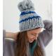 Hand Knit Pom Hat, Merino Wool Chunky Winter Slouch Light Blue Beanie, Women Cable Knit Hat, Ski Hat