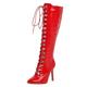 MJIASIAWA Women Pointed Toe Patent Knee High Biker Boots Zip Winter Party Stiletto Heels Fashion Military Buckle Riding Booty Red Size 8.5 UK/45 Asian