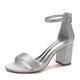 VACSAX Women's Chunky Block Heels Round Open Toe Back Zipper Satin Heeled Sandals Pumps Shoes for Wedding Party Evening,silver,6 UK