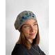 Unique Grey Beret, Light Mottled Winter Hat Woman's, Girl Hat, Blue, Turquoise, Teal Leather & Felt Dots, 100% Soft Wool