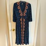 Free People Dresses | Free People Blue Fable Dress With Coral Colored Embroidered Flower Accents | Color: Blue/Orange | Size: Xs