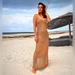 Zara Dresses | New Zara Long Crochet Knit Gold Tan Dress With Metallic Detail 4331/043 Medium | Color: Gold/Tan | Size: M