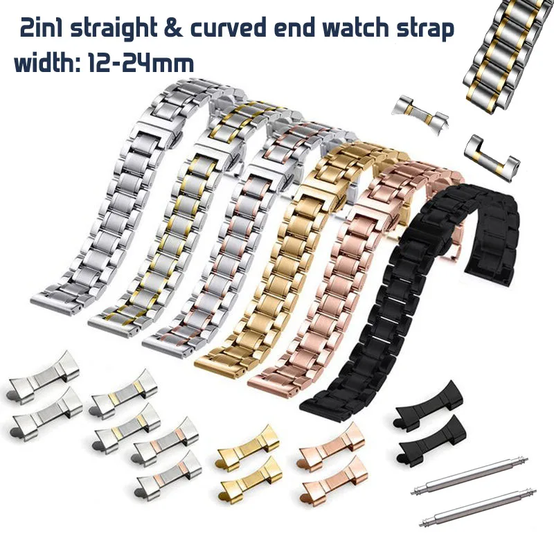 12 14 15 16 17 18mm 19 20 21 22mm 23 24mm Armband 2-in-1 flache Curved End Edelstahl Metall Uhr Band Handgelenk Strap Gürtel Image