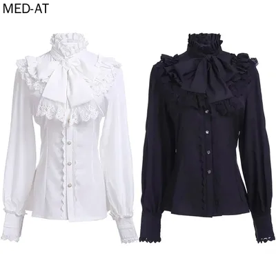 Mittelalterliche viktorianische Bluse Damen Gothic Lolita Shirt Renaissance Vintage Langarm Lotus Rüschen Piraten Tops Image