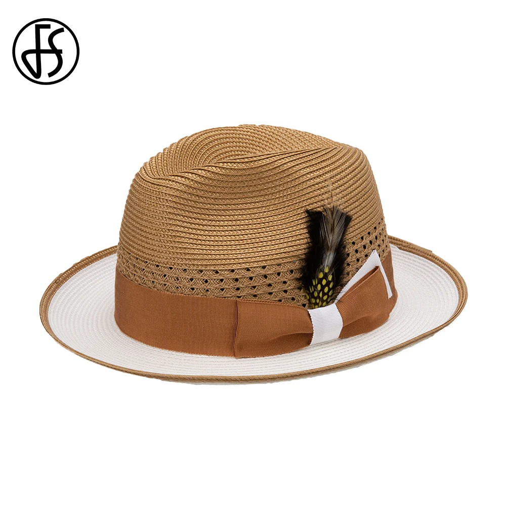FS2025, Frühling, Sommer, Khaki, Cowboy-Hüte für Männer mit Feder, dekorative gerollte Krempe, Jazz-Panama-Hut, Gentleman-Gangster, schwarze Kappe Image