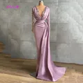 Luxus Lila Meramid Lange Abendkleid V-ausschnitt Appliques Spitze Lange Ärmeln Prom Kleider