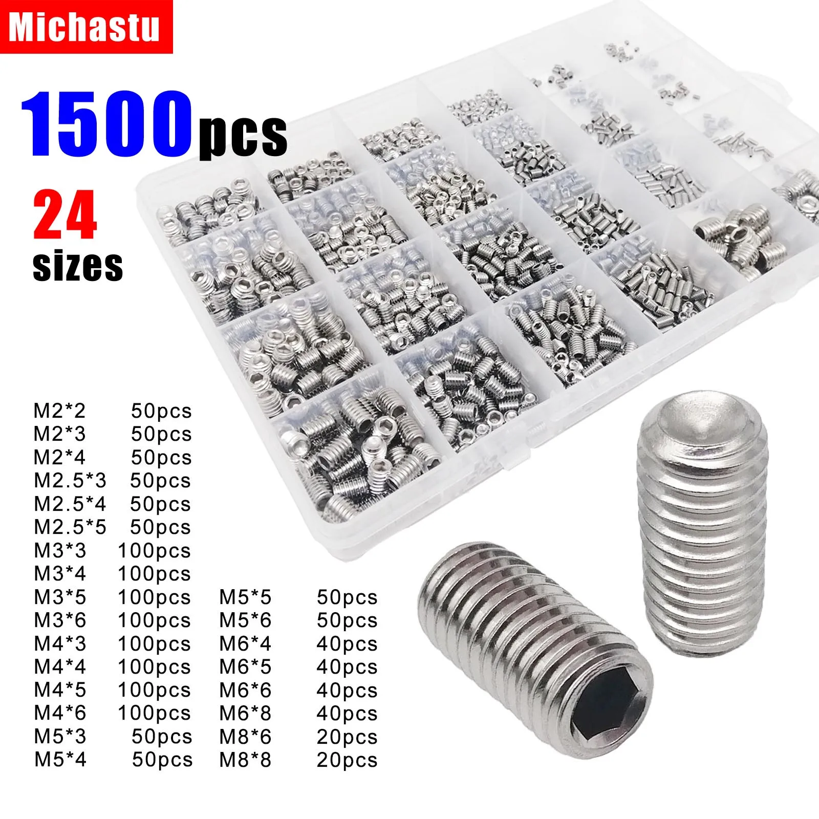 1500 teile/schachtel Sechs kant Innen sechs kant Innen sechs kant Stellschraube Maden schraube Mix m2 m2, 5 m3 m4 m5 m6 m8 Kit din916 2,5 a2 Edelstahl