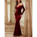 Robe longue plissée en velours pour femme manches longues épaules dénudées dos nu tambour robe