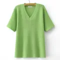 4XL Plus Size T-Shirt Women 2023 Spring Summer Ice Silk Knit Tees Short Sleeve V-Neck Solid Color