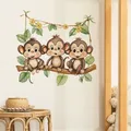 Cartoon Monkey Green Leaf Swing Wall Sticker Kids Room Bedroom Background Decoration Mural Home