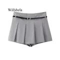 Willshena moda donna con cintura grigio pieghettato cerniera laterale minigonne pantaloncini Vintage