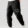 Smile Print, Men's Drawstring Cargo Pants, Flap Pocket Loose Trendy Jogger Pants, Mens Work Pants