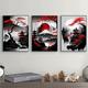 3pcs Peinture Sur Toile Japonaise Sans Cadre Paysage Naturel, Noir Et Rouge Posters, Encre Vintage Murale, Tirages D'art, Pour Salon Chambre A Coucher Décoration Intérieure, Pas De Cadre