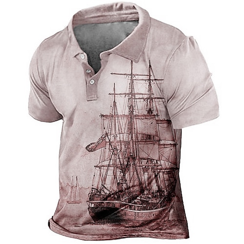 Herren Nautisch Poloshirts Golfshirt Kurzarm Polo-Shirts Hemden mit Kragen Vintage Lässig Urlaubskleidung Bootskleidung Party-Outfits Knöpfe 3D-Druck Gelb Rosa Blau Image