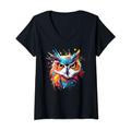 Damen Splash Art Owls Lover Bunte östliche Kreischeule T-Shirt mit V-Ausschnitt