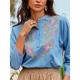 Women's Blouse Denim Embroidered Denim Blue Long Sleeve Crew Neck Summer Spring