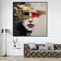 Hand Painted Woman Portrait Gold Textured Painting Handmade Girl Face Red Lips Wall Decor Living Room Office Wall Art Home Decor Stretched Frame Ready to Hang