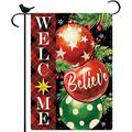 Three Red Jingling Bell Merry Christmas Gard Flag Burlap Small Vertical 12x18h Christmas Tree Flag for Winter Christmas Farmhouse Outdoor Flag r