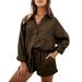 WEAIXIMIUNG Women s Short Sleeve Tops V Neck 2 Piece Outfits for Women Shirt Sets Long Sleeve Button Down Oversized Shirts Shorts Summer FallTwo Piece Tracksuit Brown XL