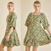 Anthropologie Dresses | Green Floral High Waist Square Neck Boho Bohemian Chic Dress | Color: Green/Orange | Size: S