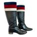 Gucci Shoes | Gucci ‘Jem’ Black Leather Faux Pearl Red Blue White Velvet Stripe Riding Boot 39 | Color: Black/Red | Size: 39eu