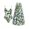 Fashion Green Floral Print Suspender Beach Long Skirt Resort Casual Romantic Tight Waist Bikini And